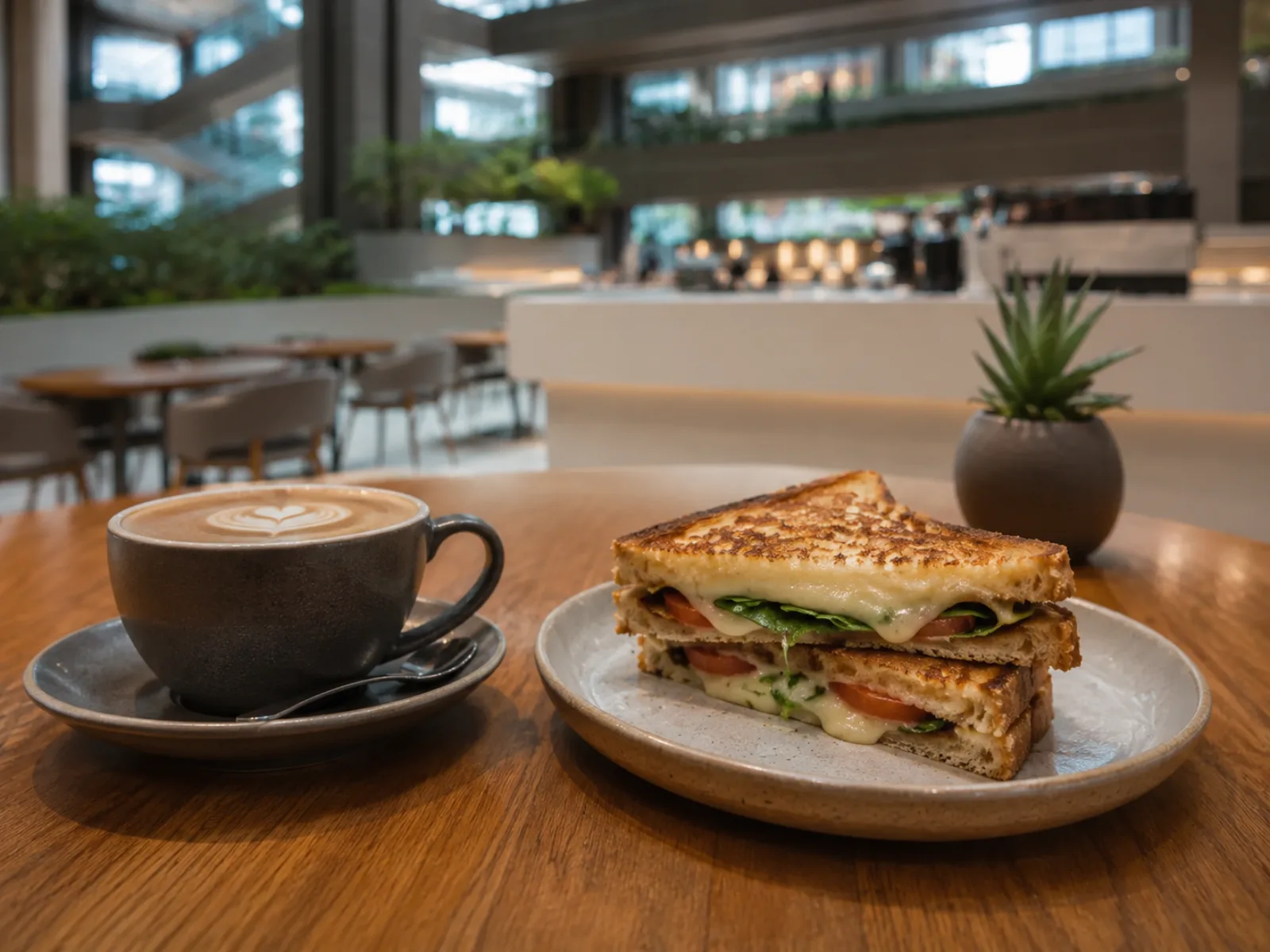 Coffee and a toasted sandwich on an oak table with the atrium behind.